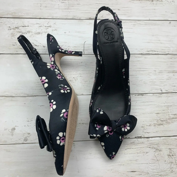Tory Burch Rosalind Bow Pumps SlingBack Heels 7 1/2 Floral Career Classic - Picture 5 of 10